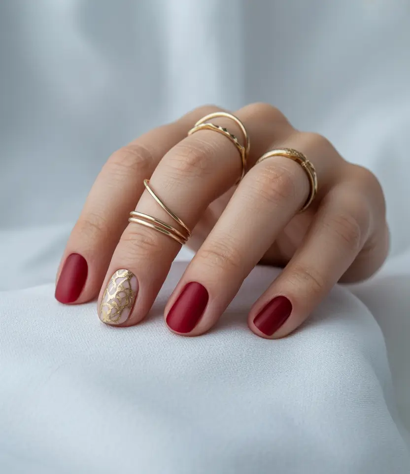 Round fall nails 2025 Matte Ruby with Gilded Accent