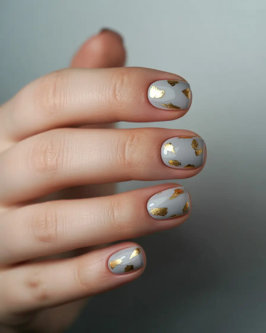 Round Fall Nails 2025 Golden Flecks on Foggy Grey