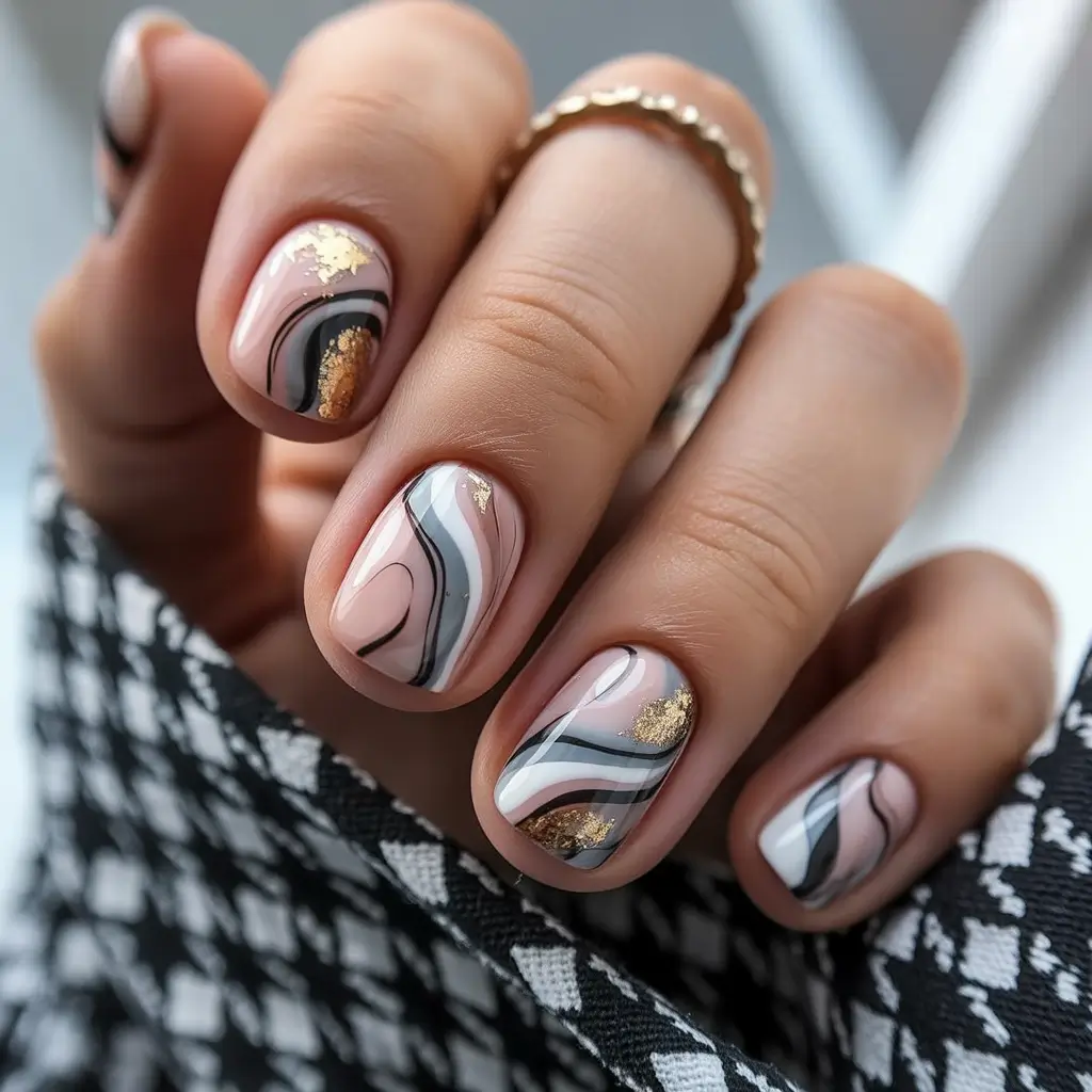 Round fall nails 2025 Modern Marble with Gold Dust