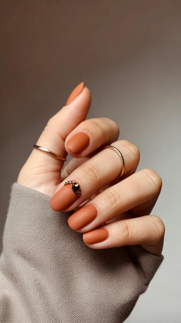 Round fall nails 2025 Terracotta Velvet with Gem Accent