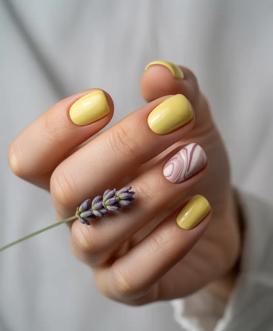 Round fall nails 2025 Soft Yellow & Rose Marble