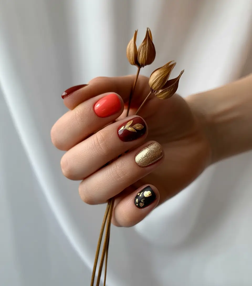 Round Fall Nails 2025 Autumn Mixed Palette with Golden Accents