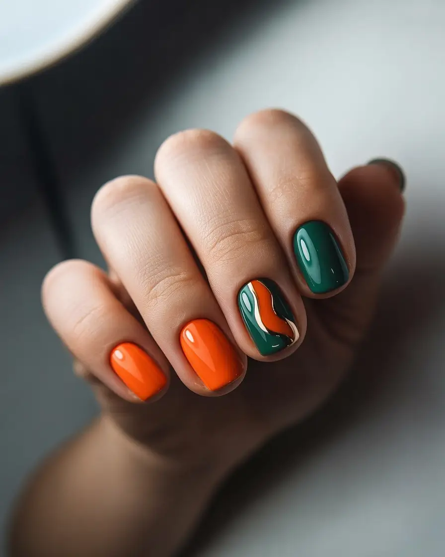 Round Fall Nails 2025 Bold Green and Pumpkin Pairing