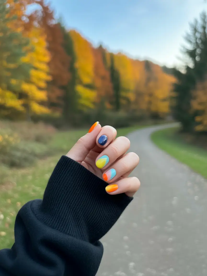 Round Fall Nails 2025 Playful Color Blocking in Harvest Tones