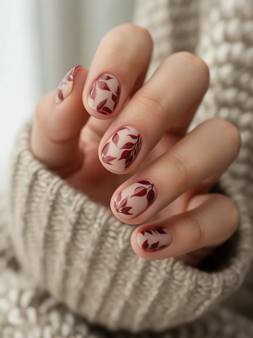 Round Fall Nails 2025 Matte Neutrals with Autumn Vines