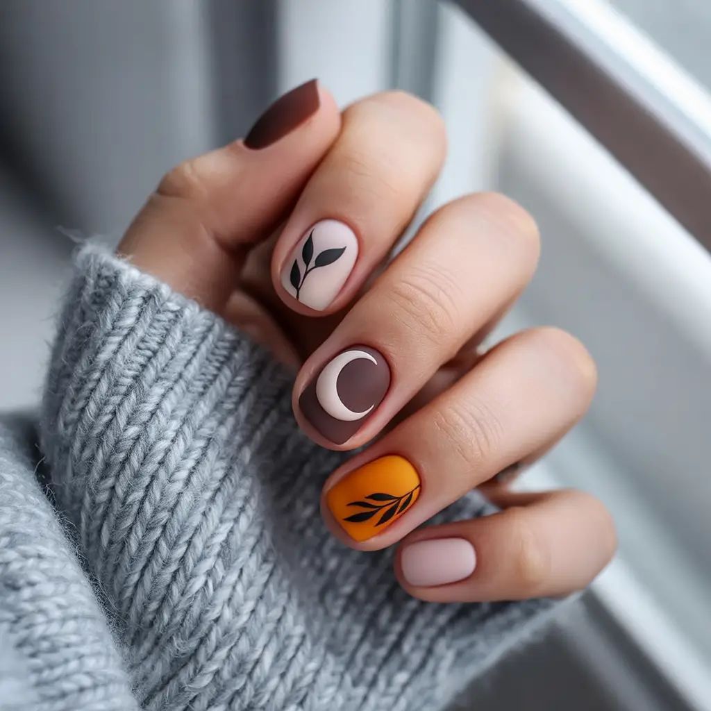 Round Fall Nails 2025 Modern Moons and Botanical Symbols