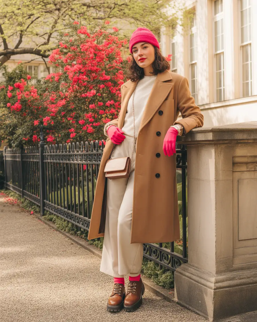 September outfits Classic Camel With a Pop of Fuchsia