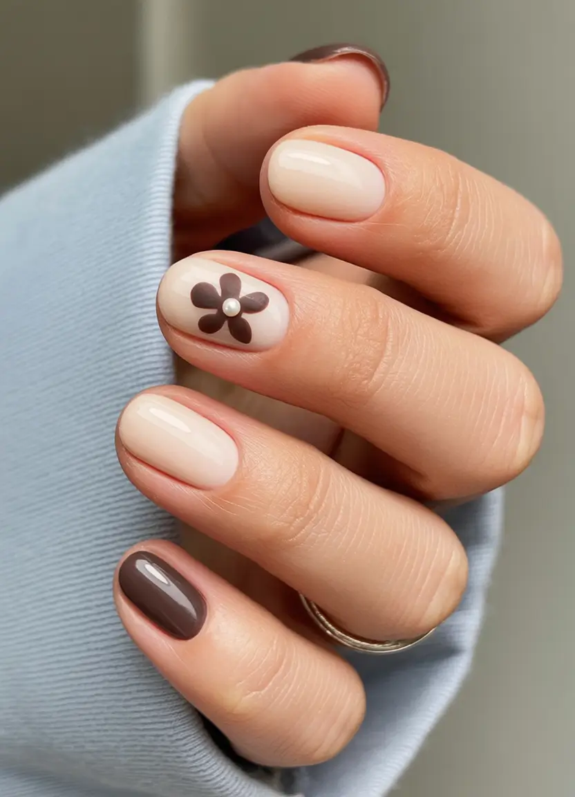 Subtle Fall Nails 2025 Creamy Petal Base with a Chocolate Flower