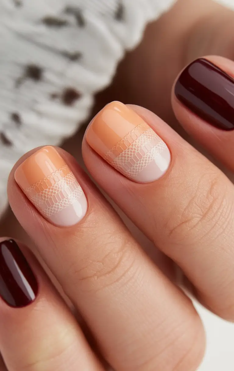 Subtle Fall Nails 2025 Peachy Lace Bands and a Hint of Burgundy
