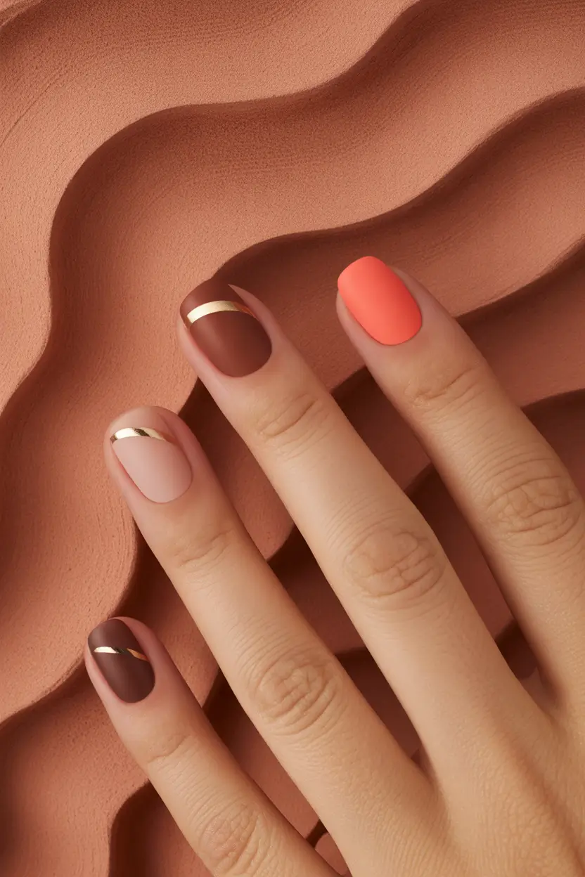 Subtle Fall Nails 2025 Matte Cocoa Neutrals with a Pop of Coral