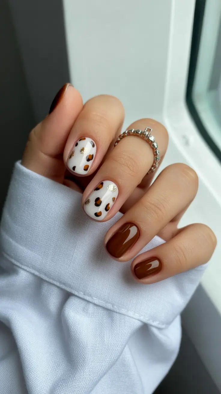 Subtle Fall Nails 2025 Glossy Chestnut and Soft Leopard Contrast