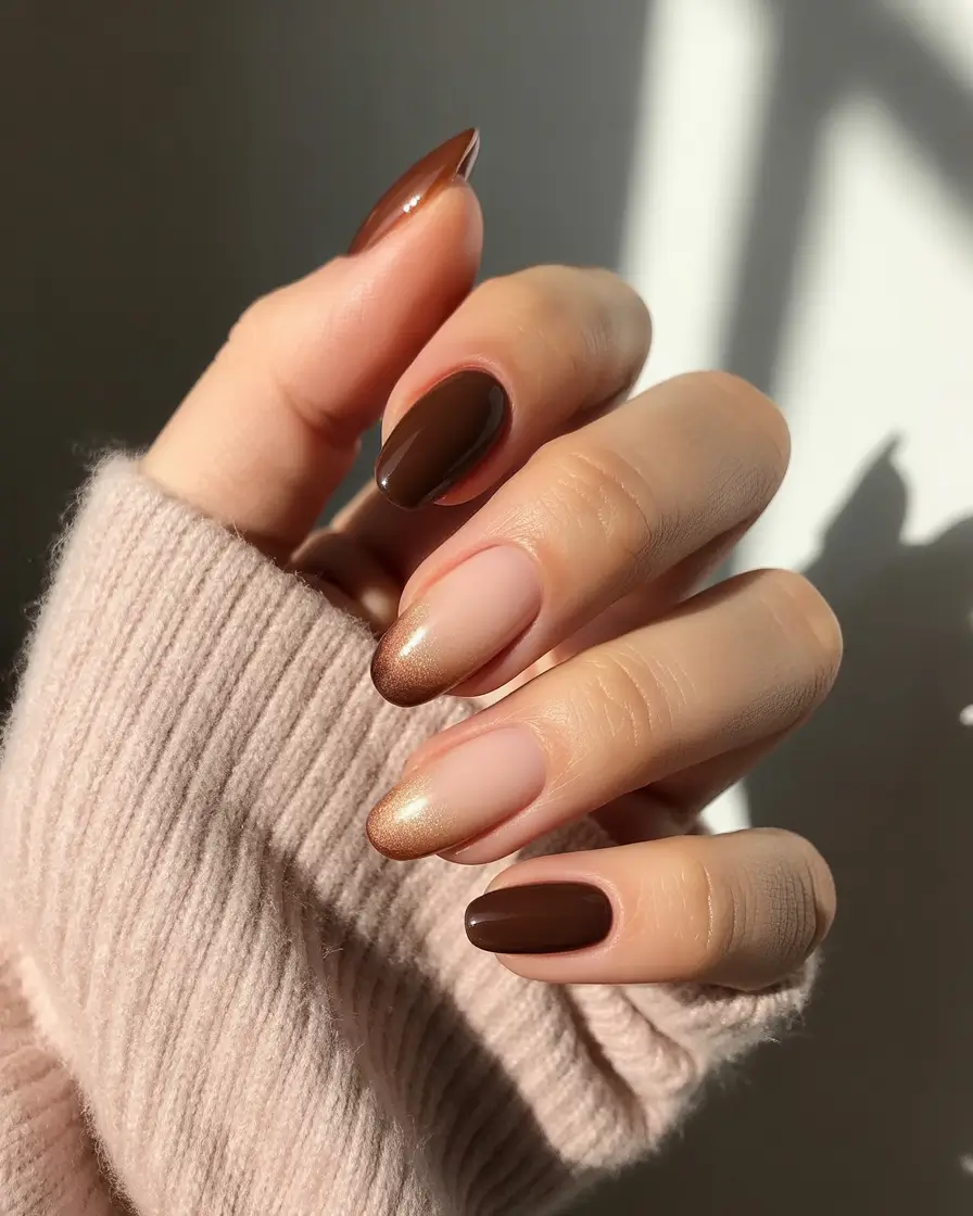 Subtle Fall Nails 2025 Chocolate Almond Fade with Golden Glaze