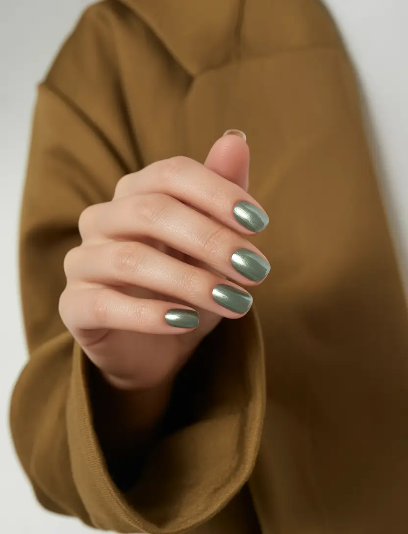 Subtle Fall Nails 2025 Moss Green Chrome for a Sleek Minimal Moment