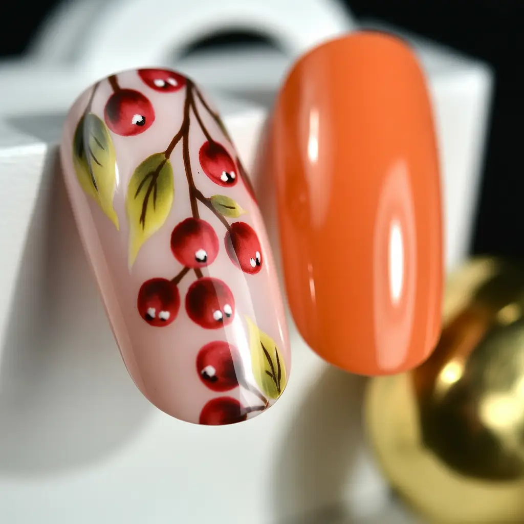 Subtle Fall Nails 2025 Hand-Painted Berry Branch on Blush