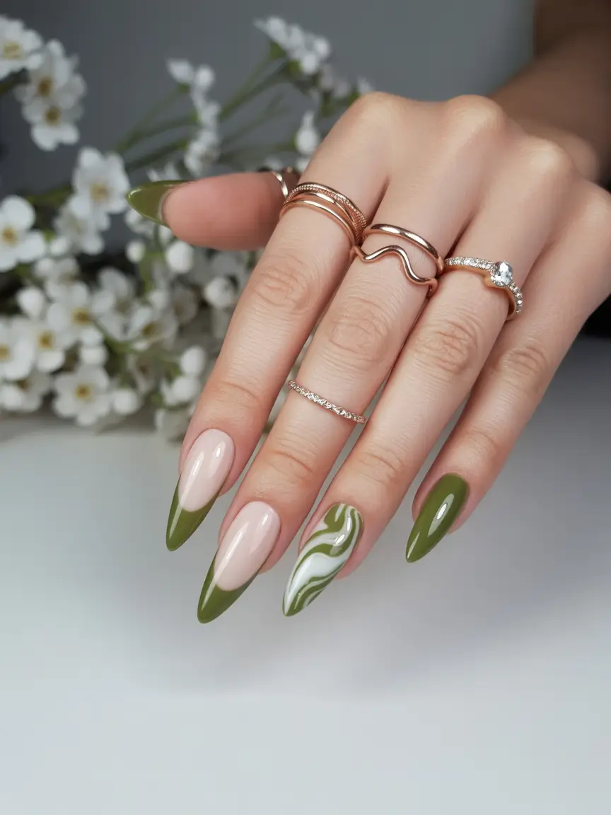 Olive Marble Muse+Subtle fall nails 2025