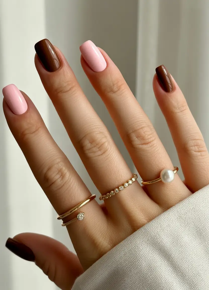 Chocolate-Dipped Pink Square+Subtle fall nails 2025