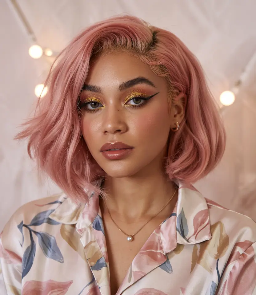 Fall Hair Color Ideas for Deep Skin+Peachy Blush Bob with Sculpted Shine