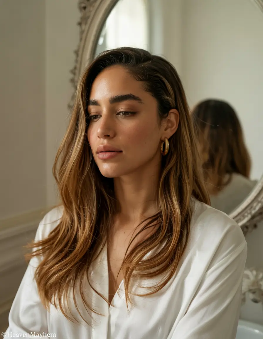 Fall Hair Color Ideas for Deep Skin+Golden Chestnut Melt with Effortless Grace