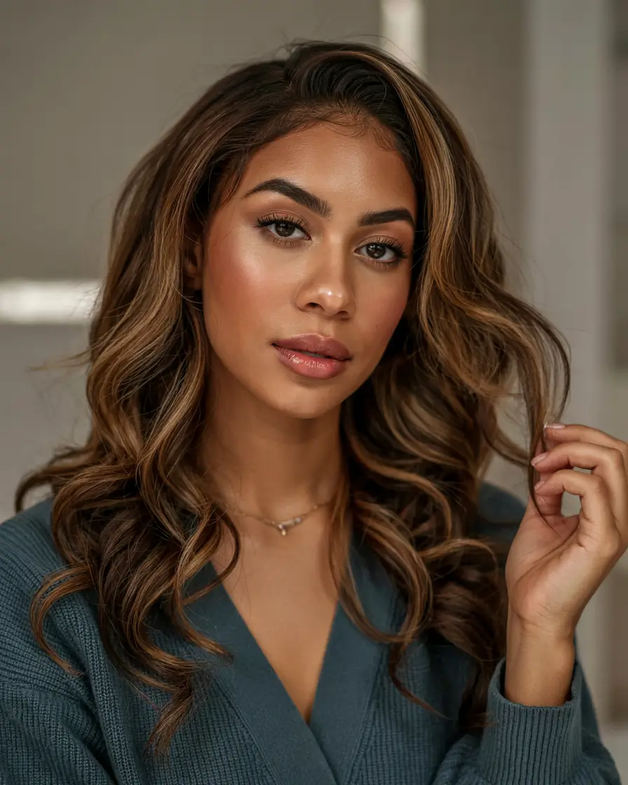 Fall Hair Color Ideas for Deep Skin+High Pony with Dark Ash Waves
