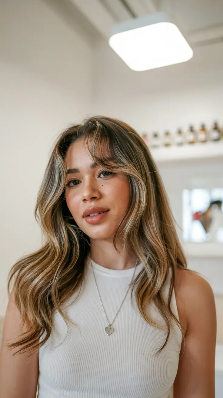 Fall Hair Color Ideas for Deep Skin+Warm Milk Tea Waves with Curtain Bangs