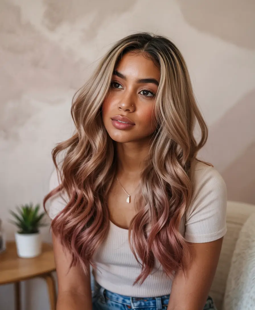 Fall Hair Color Ideas for Deep Skin+Rose Fade Ends on Sandy Blonde Curls