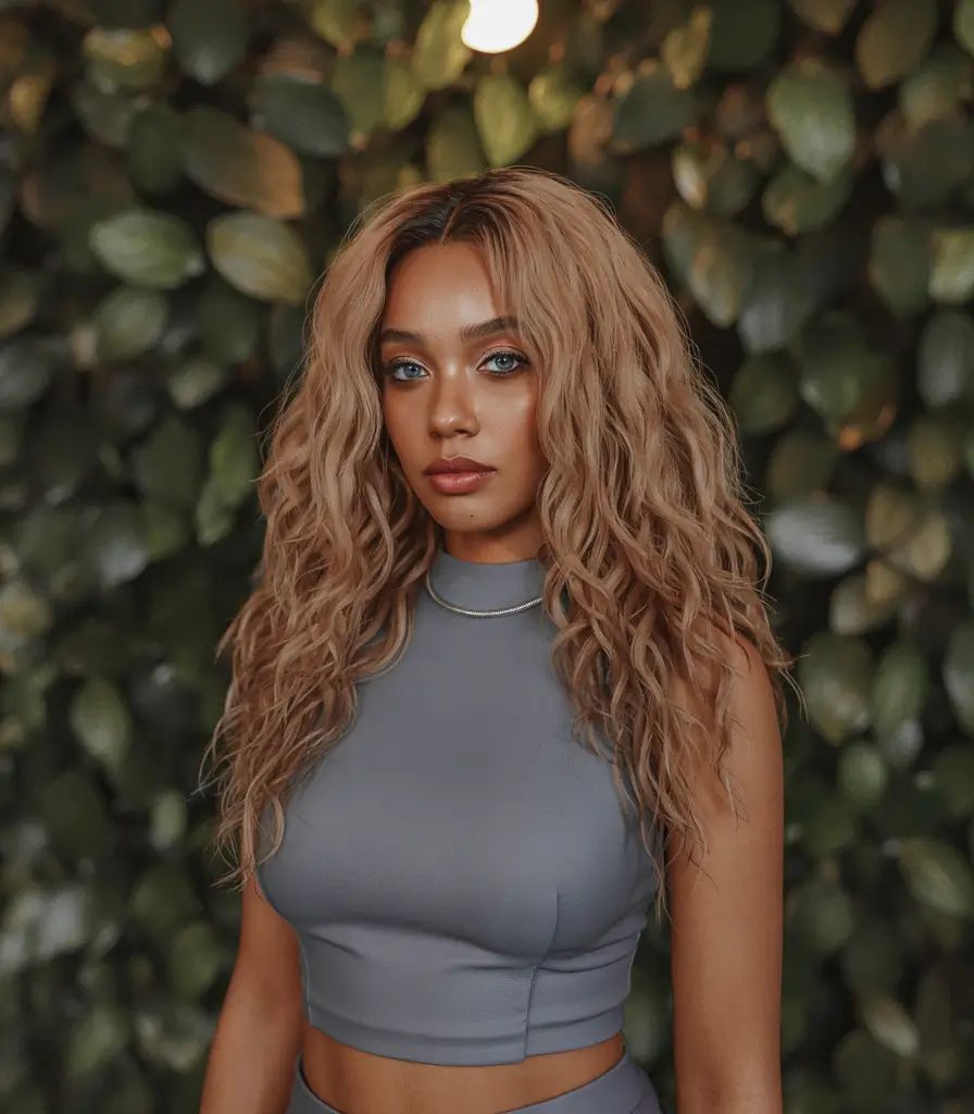 Fall Hair Color Ideas for Deep Skin+Dusty Wheat Blonde on Loose Mermaid Waves