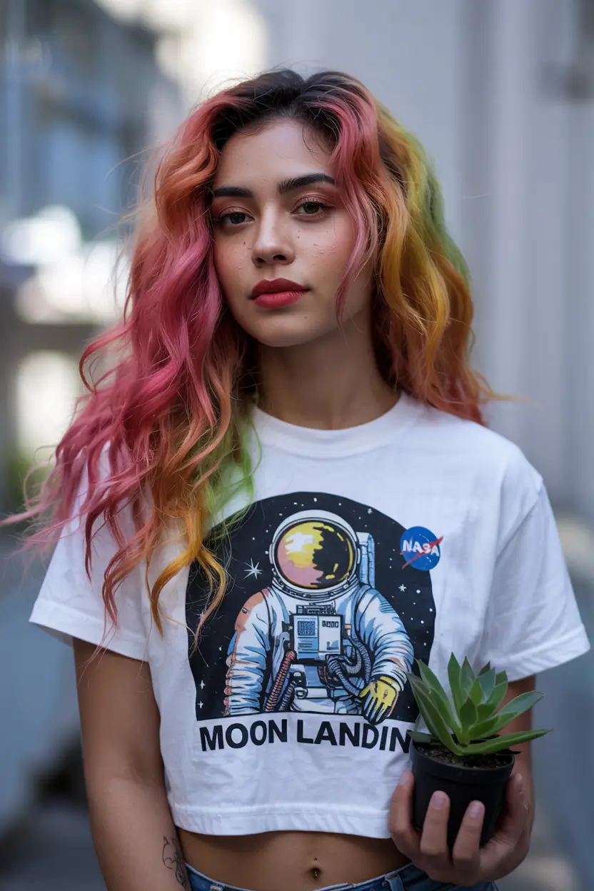 Fall Hair Color Ideas for Deep Skin+Sunset Melt in Neon Fantasy Waves