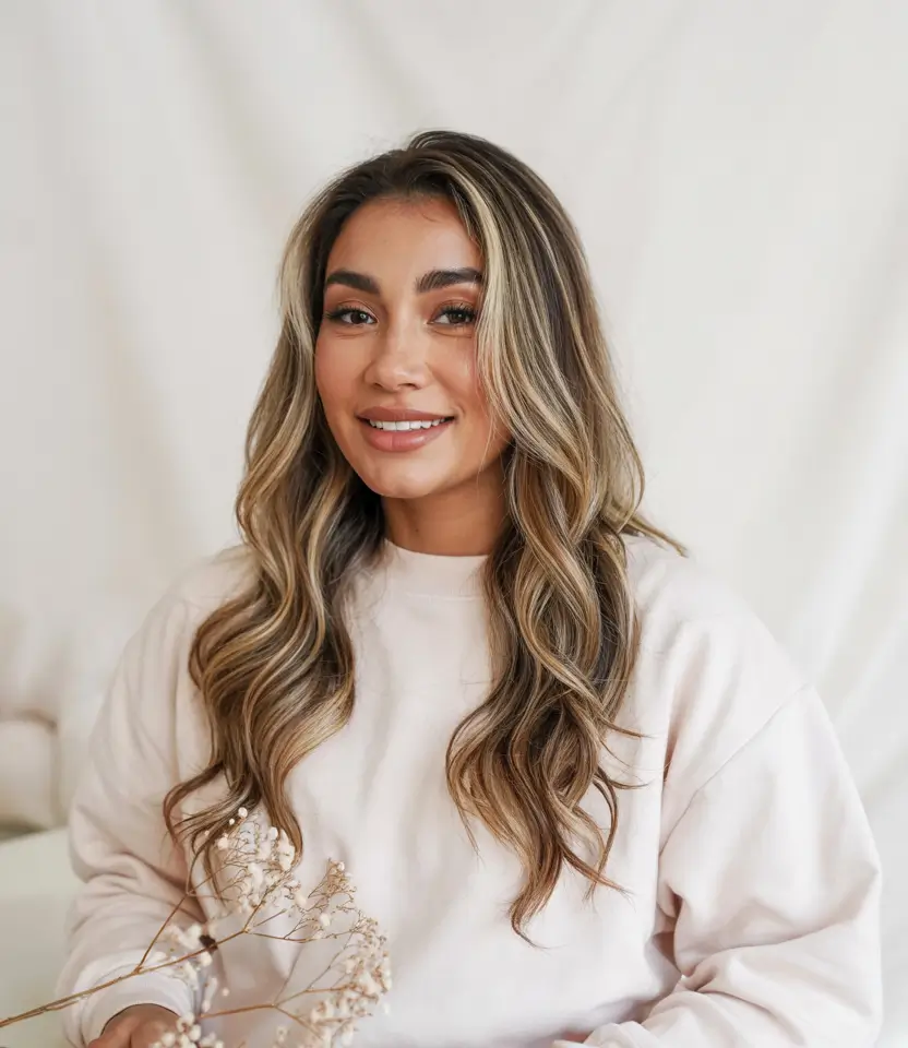 Fall Hair Color Ideas for Deep Skin+Rooted Beige Balayage with Sunlit Highlights
