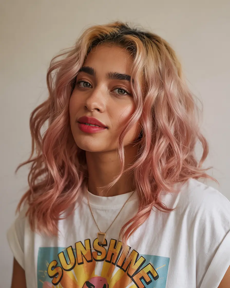 Fall Hair Color Ideas for Deep Skin+Soft Dusty Rose on Tousled Lob