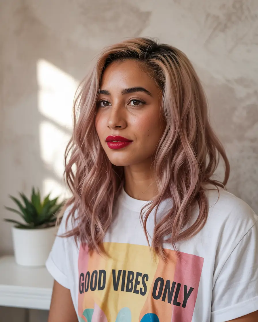 Fall Hair Color Ideas for Deep Skin+Blush Champagne with Soft Wave Energy