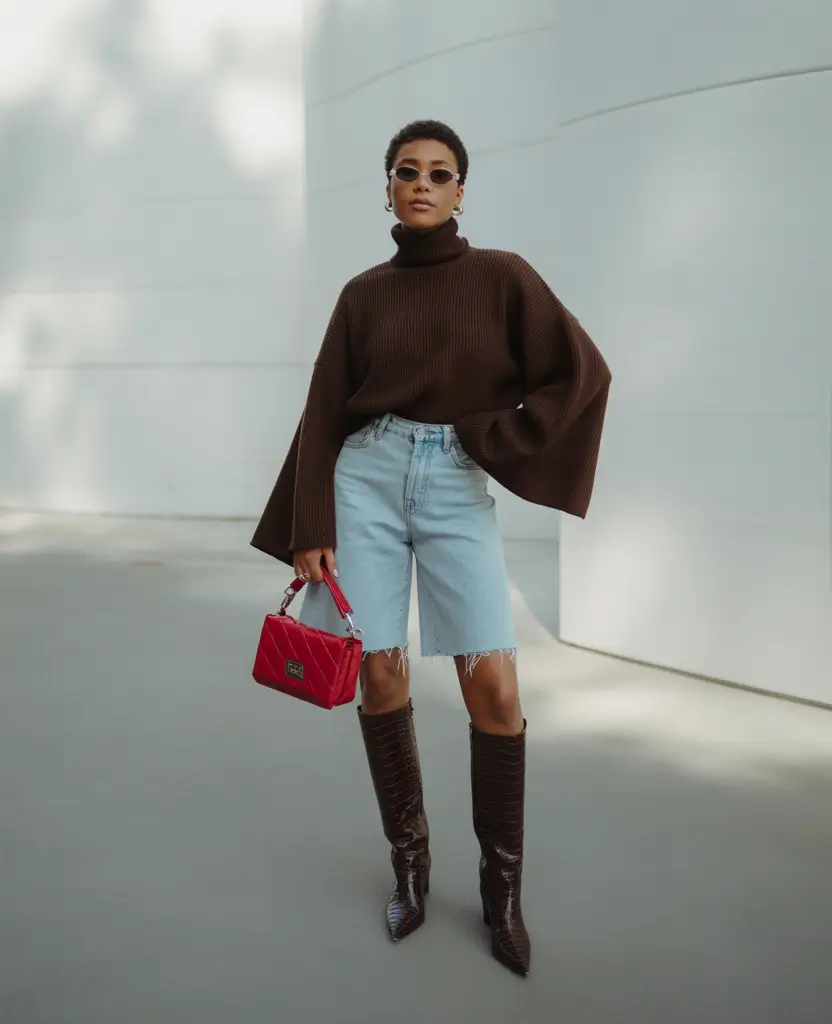 fall outfits for black women Bold Layers & Bermuda Denim