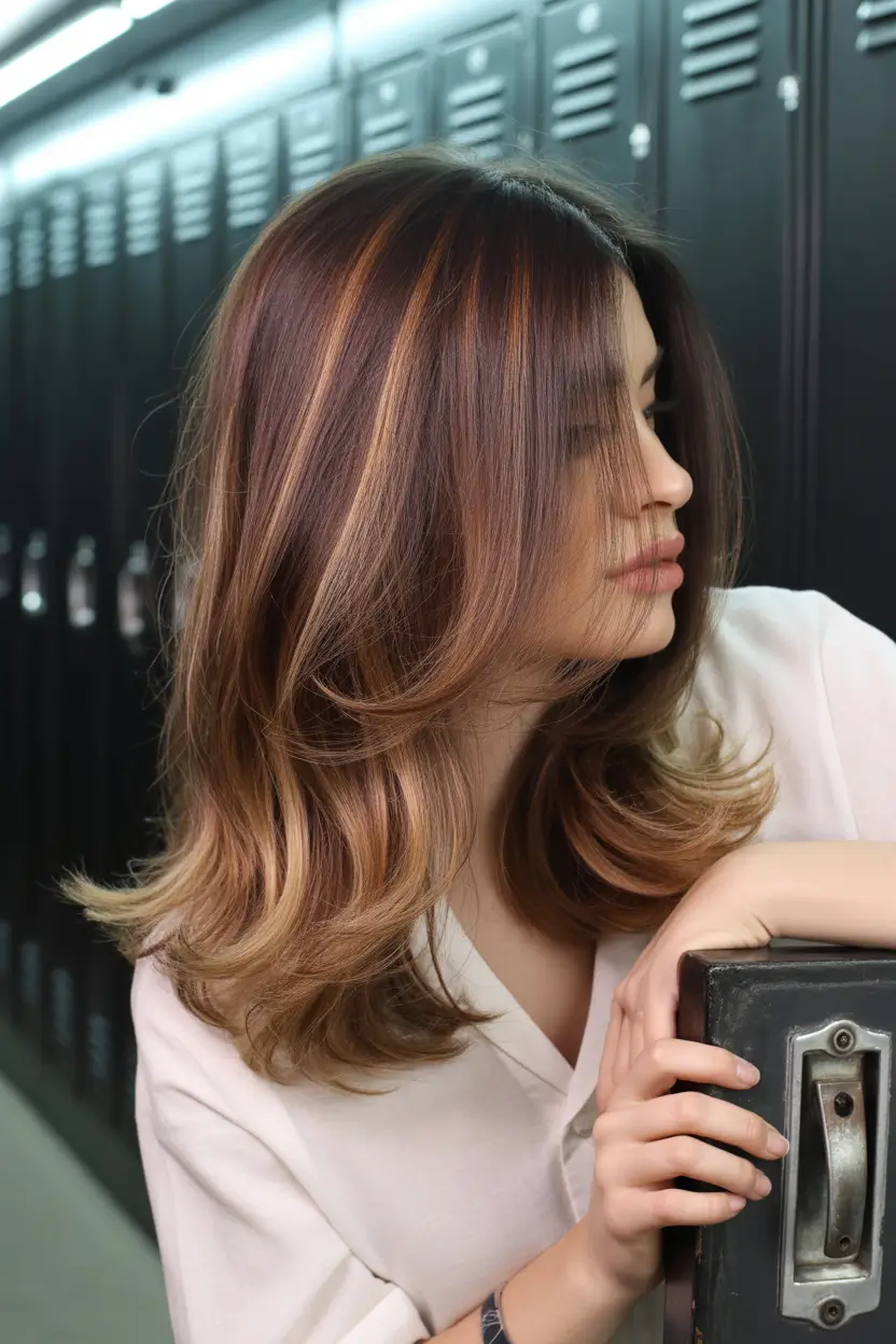 Fall brown hair color Maple-Toned Layers With Dimensional Highlights