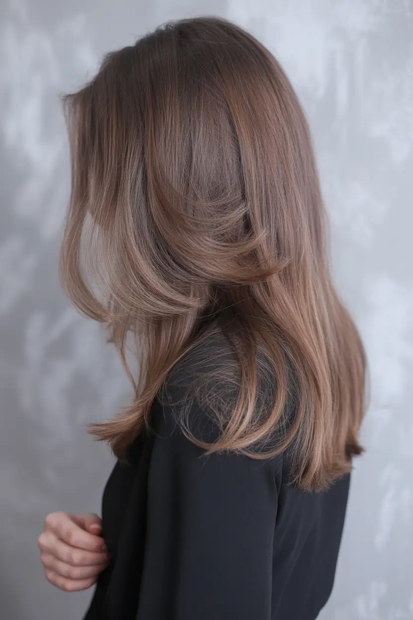 Fall brown hair color Dusty Cocoa With Fine Feathered Ends