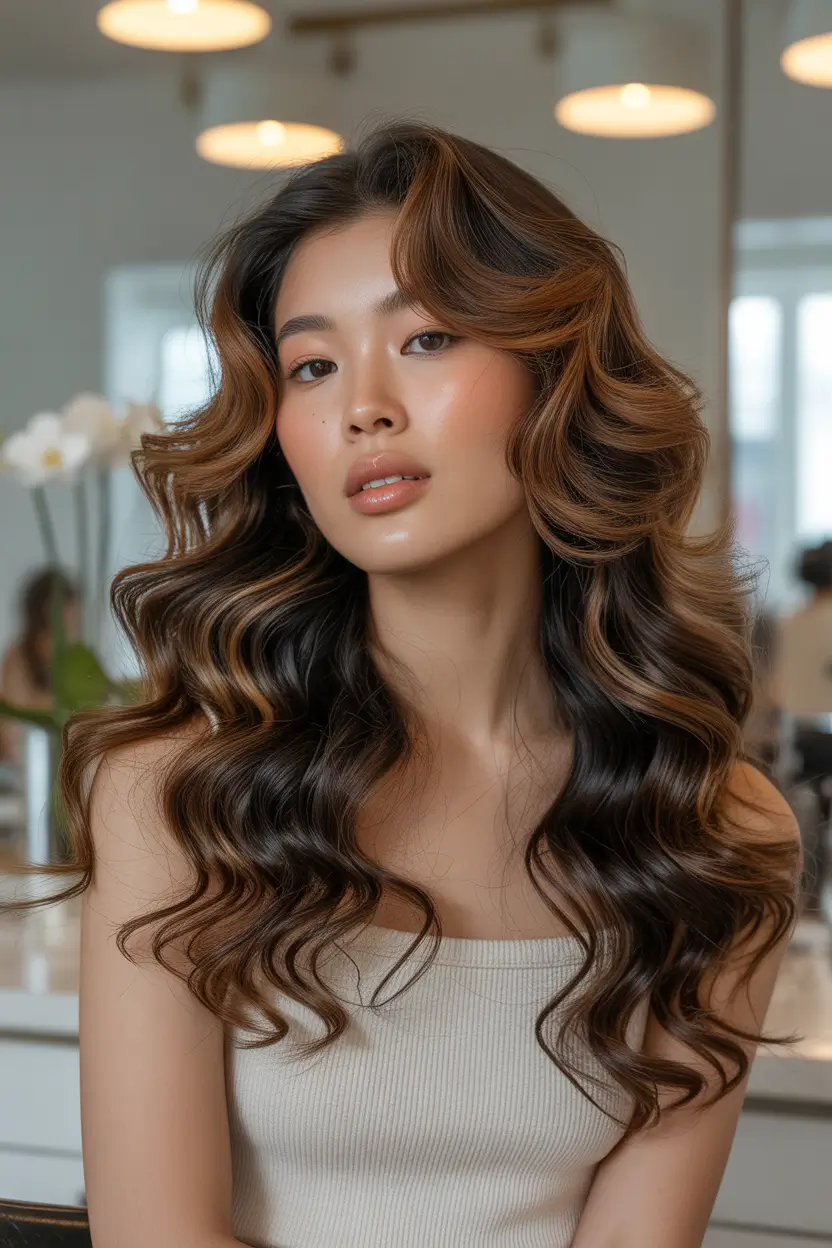 Fall brown hair color Hollywood Waves With Hazelnut Highlights