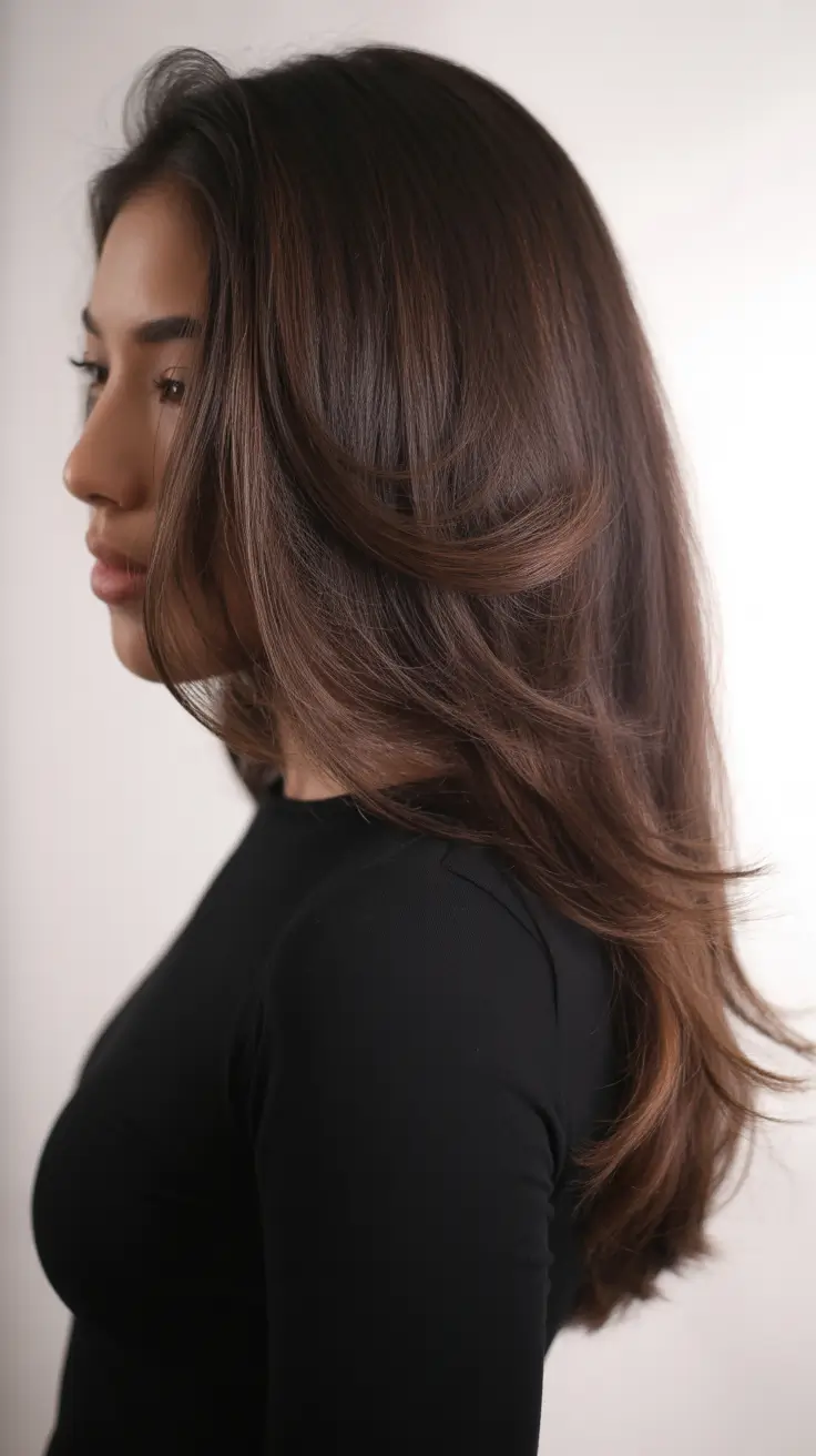 Fall brown hair color Layered Blowout With Subtle Cinnamon Undercurrents