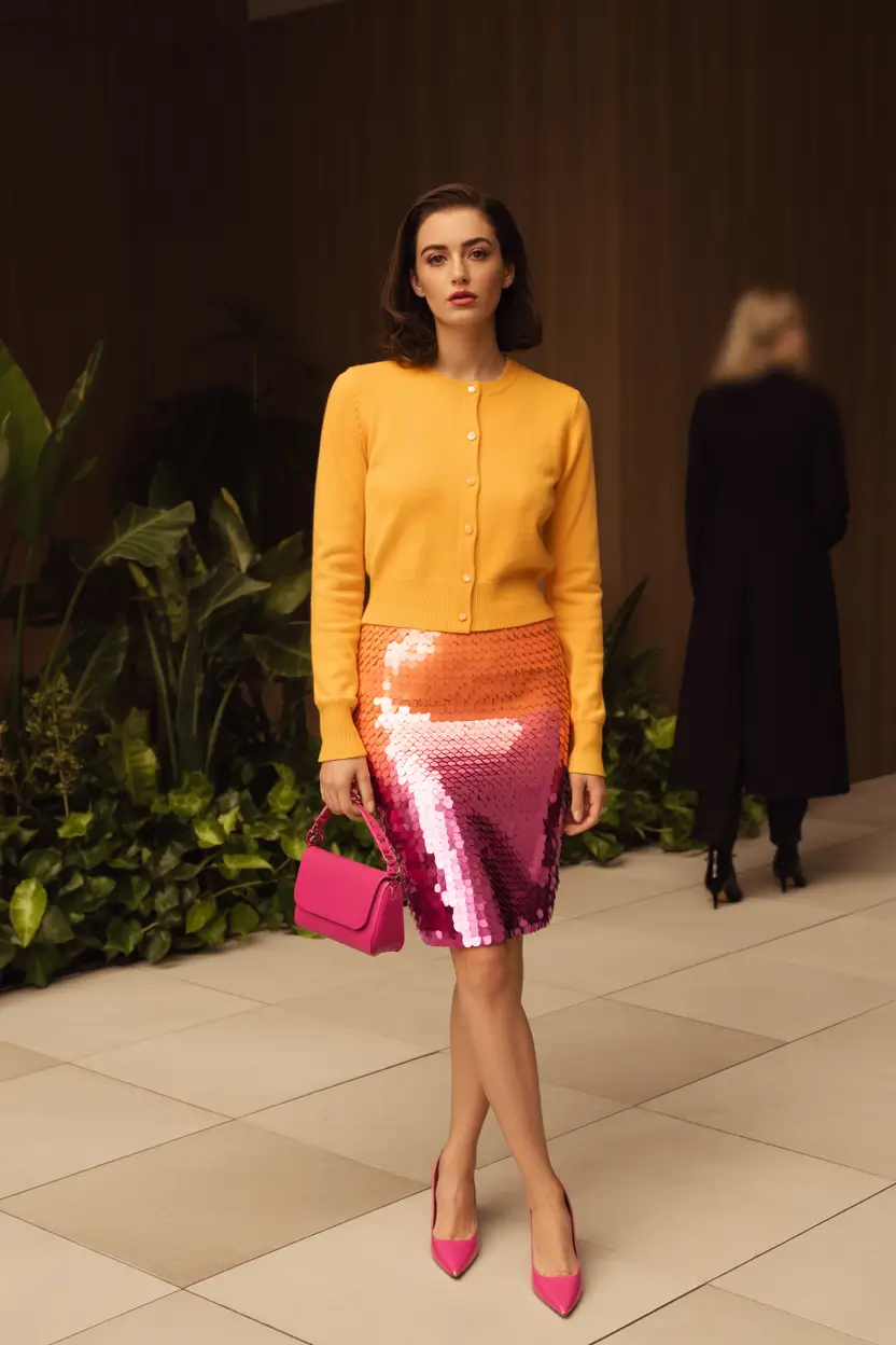 warm fall outfits Sequins & Sunshine: Bold Meets Bright