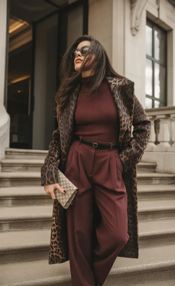 warm fall outfits Burgundy Drama with Animal Instinct