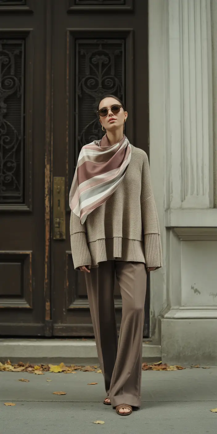 warm fall outfits Cocoa Neutrals With a Silk Accent