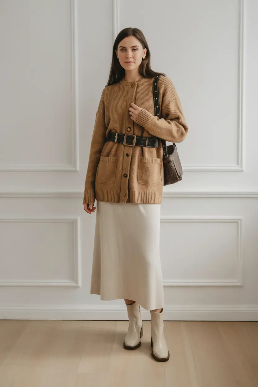 fall office outfits for women Minimalist Softness with a Belted Twist