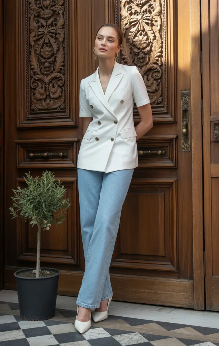 fall office outfits for women Double-Breasted Denim Elegance