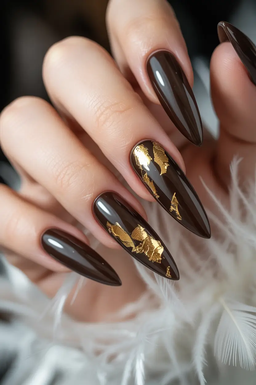 autumn nails color 2025 Chocolate Elegance with a Golden Twist