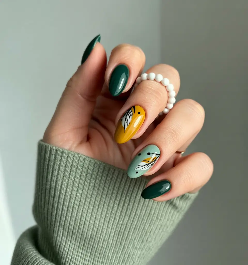 autumn nails color 2025 Forest and Mustard Harmony