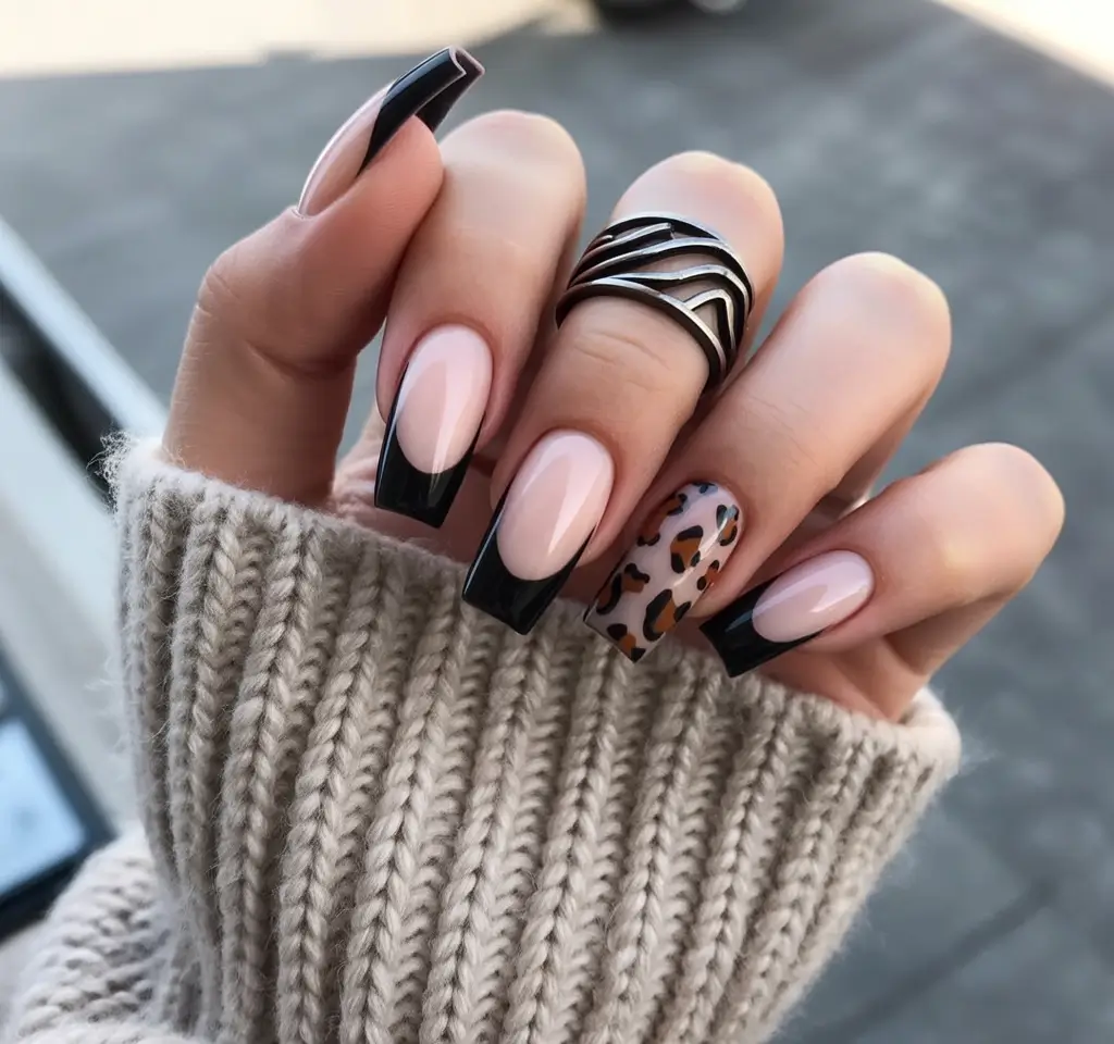 autumn nails color 2025 Classic Black Tips with a Wild Accent