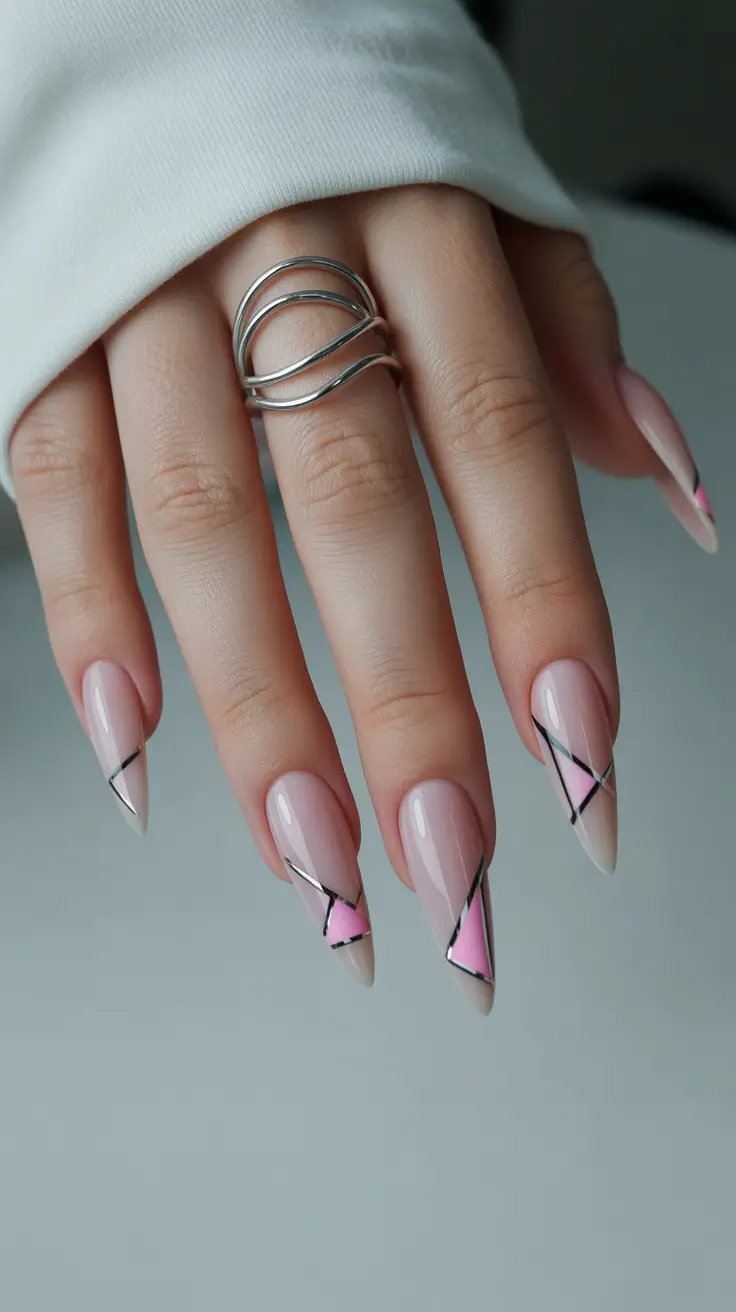 autumn nails color 2025 Geometric Blush with Modern Lines