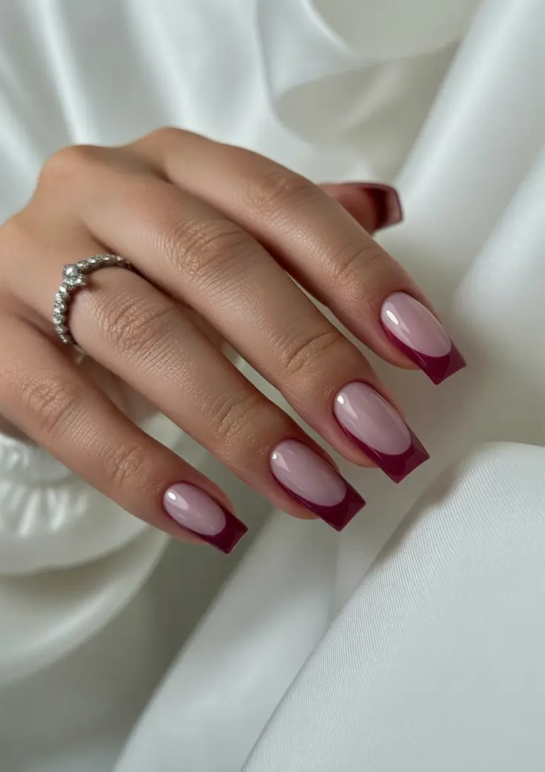 autumn nails color 2025 Wine-Dipped French Square
