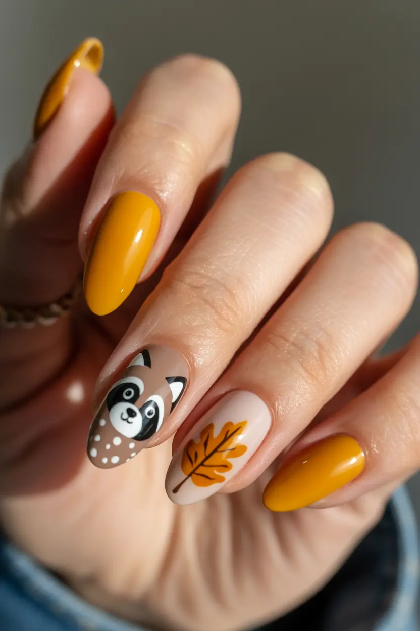 autumn nails color 2025 Playful Mustard with Autumn Art