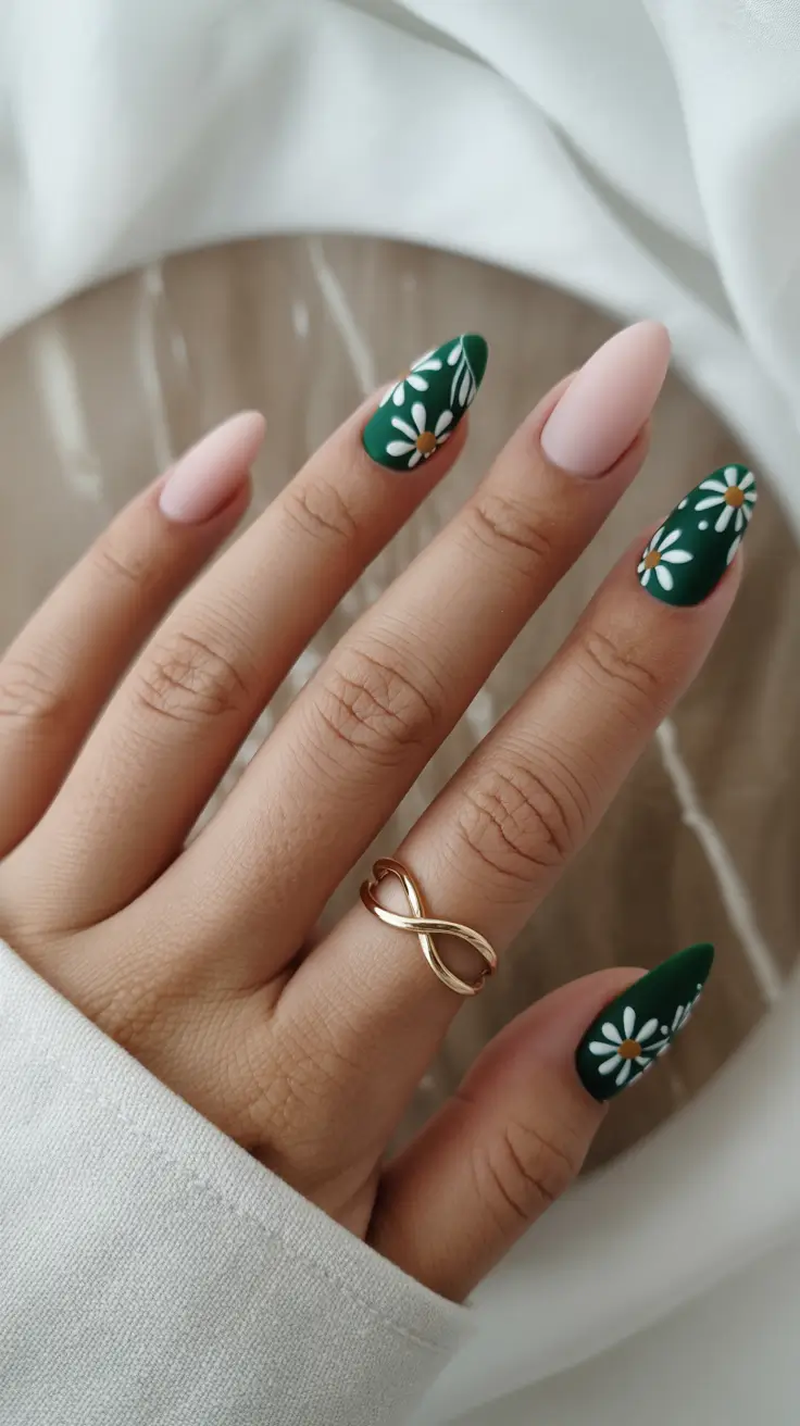 autumn nails color 2025 Evergreen Daisy Charm