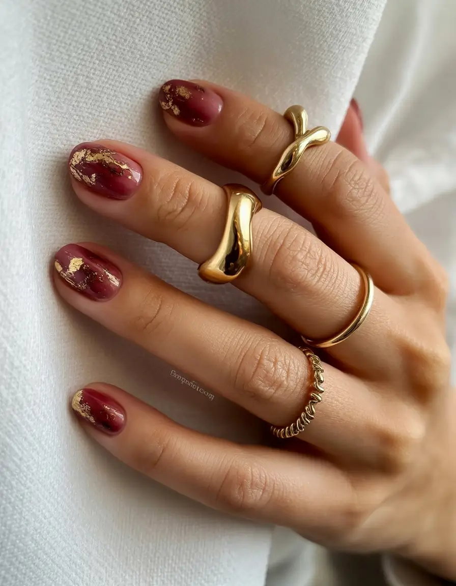 autumn nails color 2025 Mulled Wine with Gold Leaf