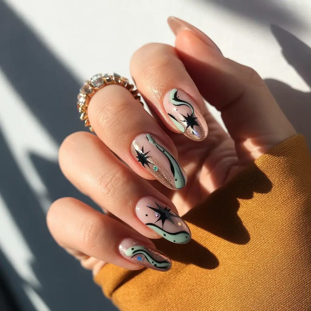autumn nails color 2025 Celestial Forest Glam