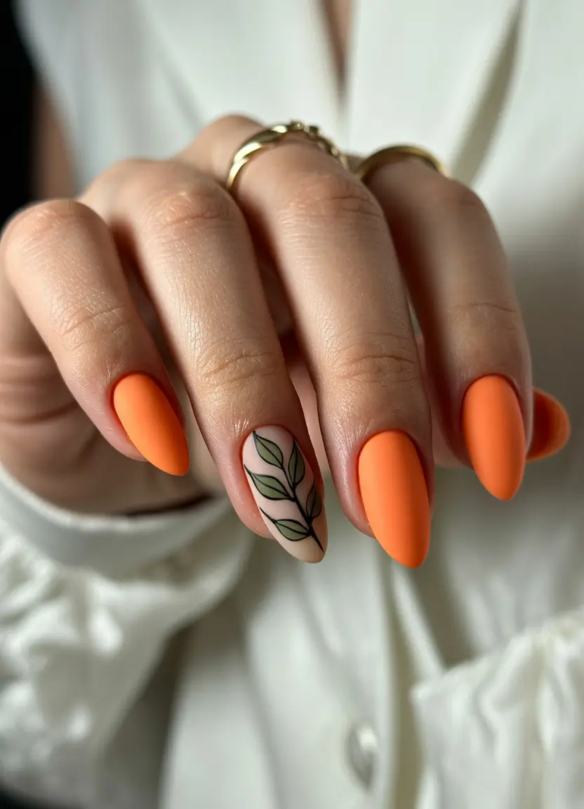 autumn nails color 2025 Tangerine Leaf Statement
